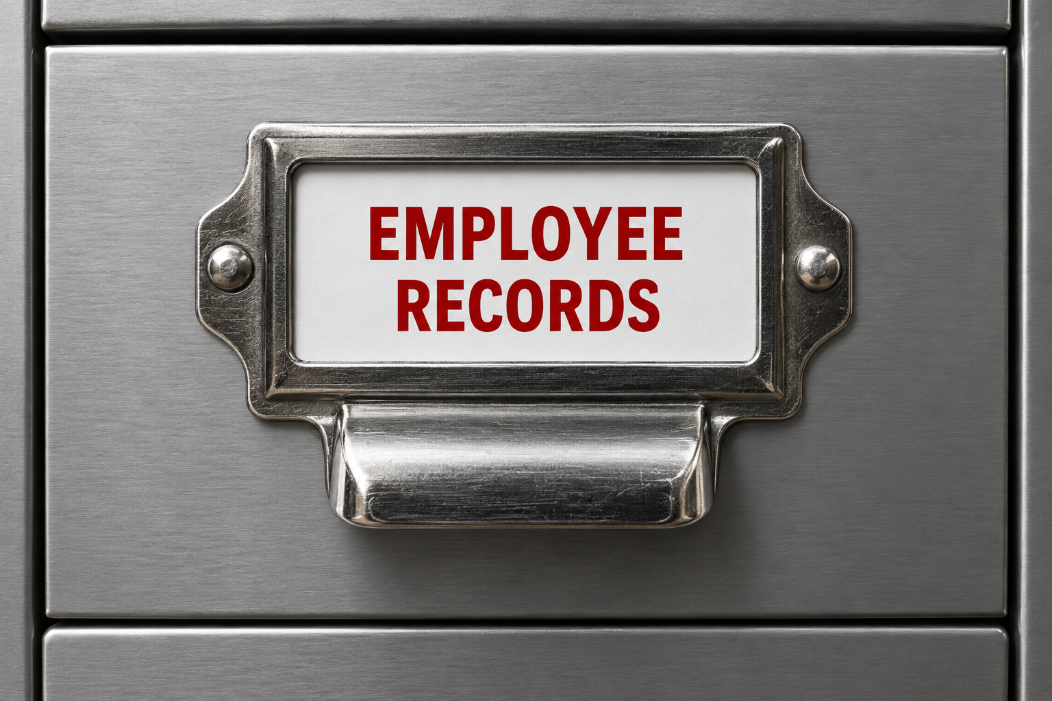 Metal filing cabinet drawer labeled Employee Records in red.